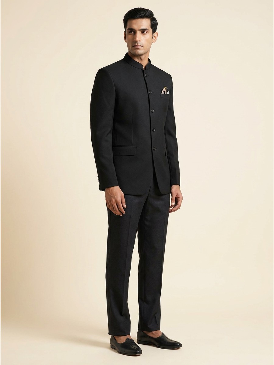 Luxury All-Weather Suiting · Super 120s shade 1 — Navy styled as garment