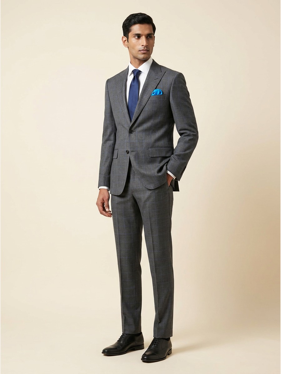 Luxury All-Weather Suiting · Super 120s shade 1 — Grey styled as garment