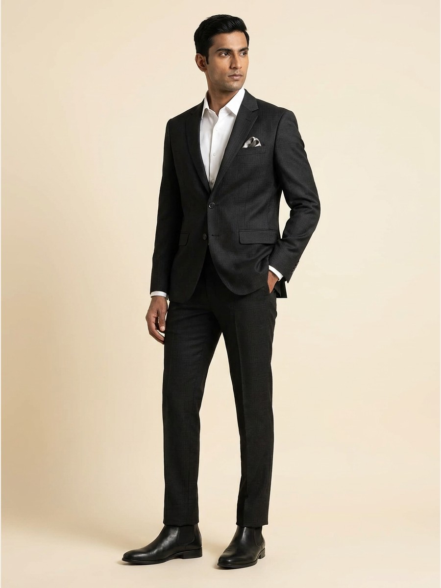 Luxury All-Weather Suiting · Super 120s shade 2 — Charcoal styled as garment