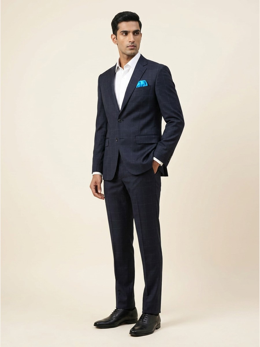 Reserve All-Weather Suiting · Super 140s shade 3 — Navy styled as garment