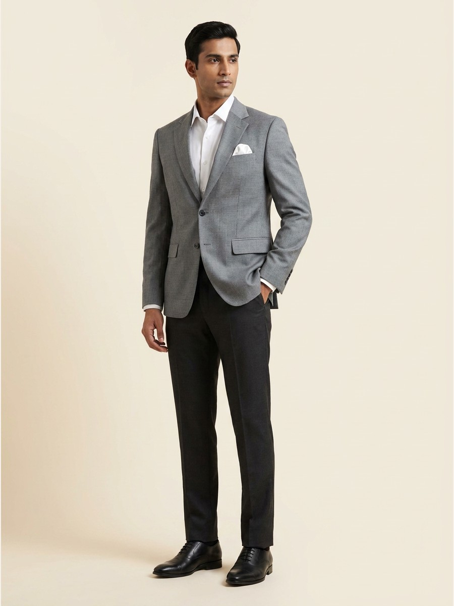 Essential All-Weather Suiting fabric styled as a garment