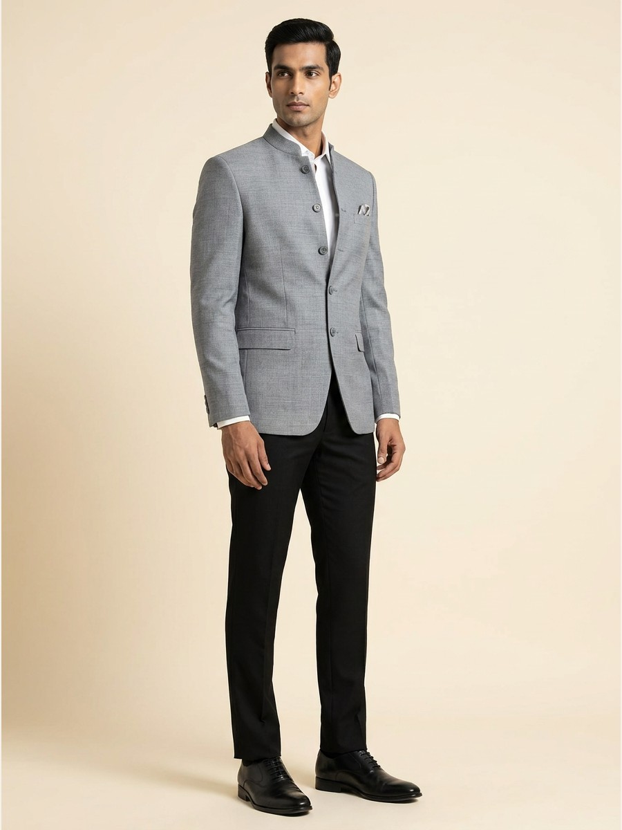 Essential All-Weather Suiting fabric styled as a garment