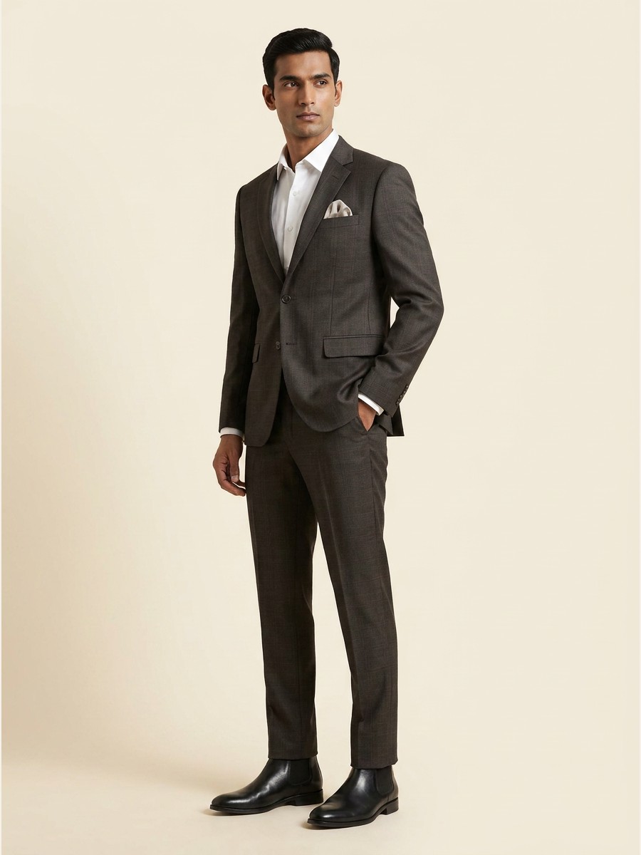 Essential All-Weather Suiting shade 2 — Brown styled as garment