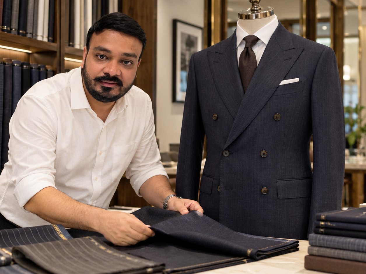 Navy cloth on a tailor's cutting table with chalk marks and scissors