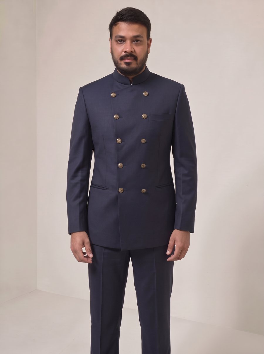 Nitesh Mittal in a midnight navy double-breasted bandhgala