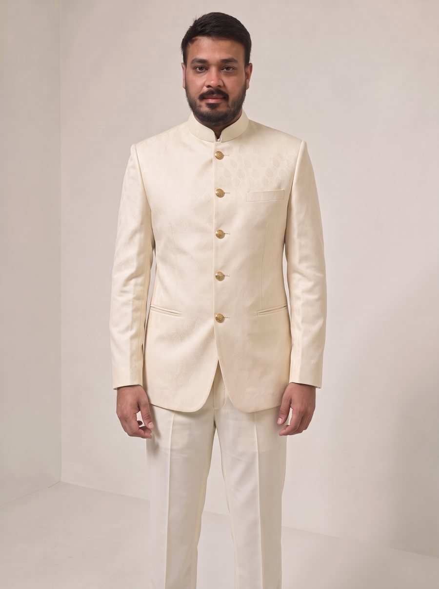 Nitesh Mittal in an ivory jacquard wedding bandhgala