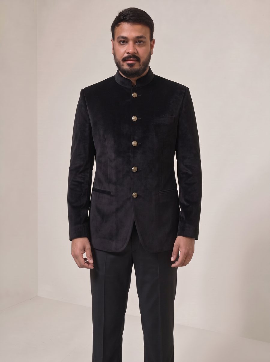 Nitesh Mittal in a black velvet bandhgala with black trousers