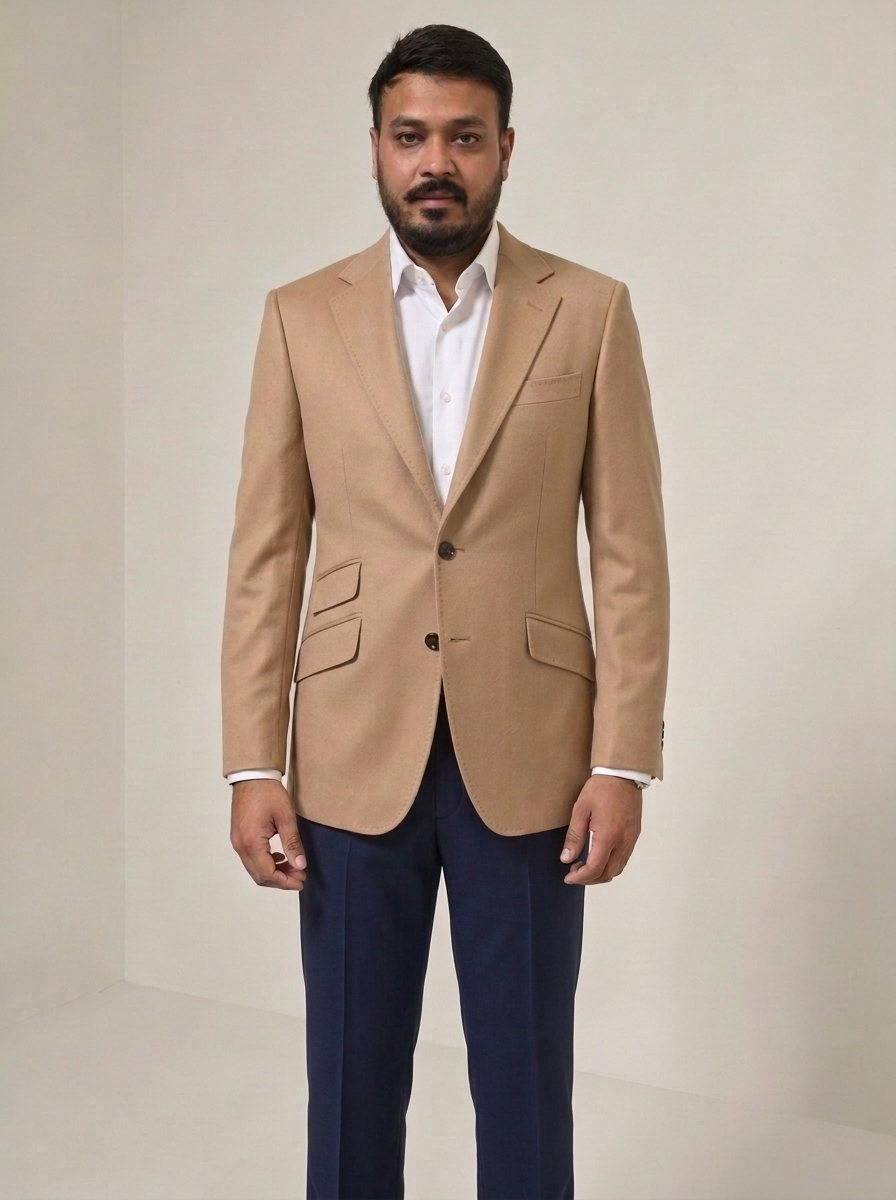 Nitesh Mittal in a camel hacking blazer with a ticket pocket