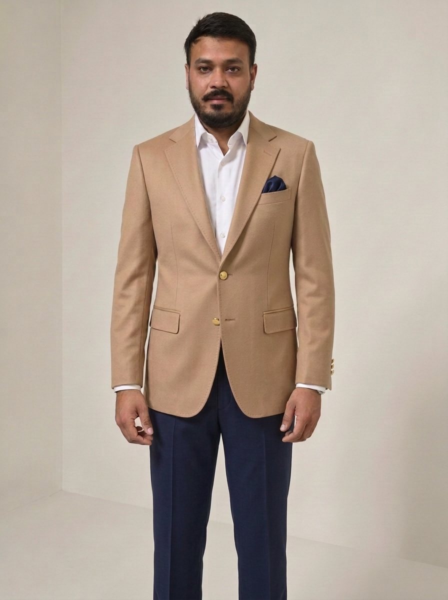 Nitesh Mittal in a camel club blazer with gold buttons