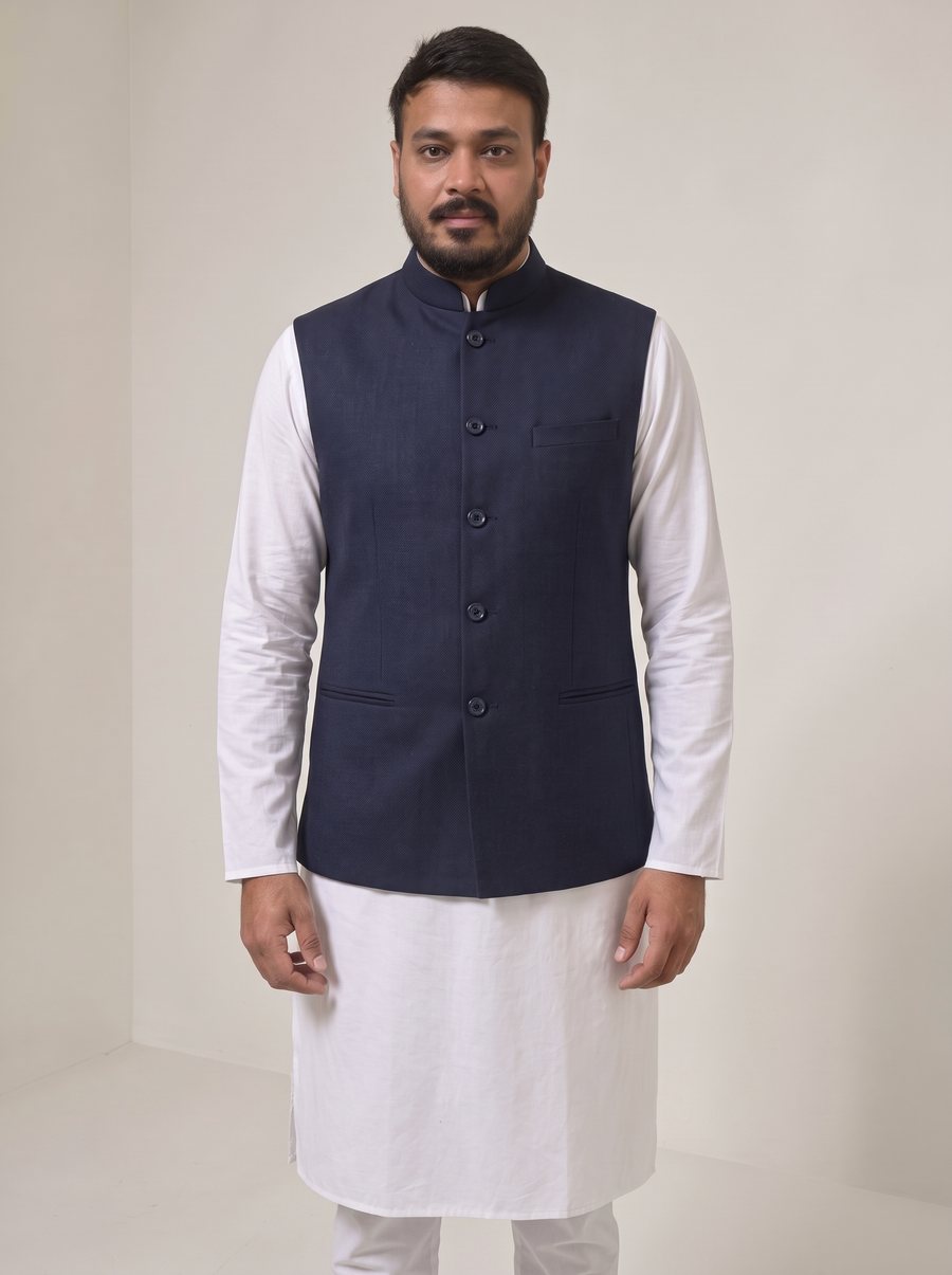 Nitesh Mittal in a sleeveless navy Nehru jacket over a white kurta-pyjama