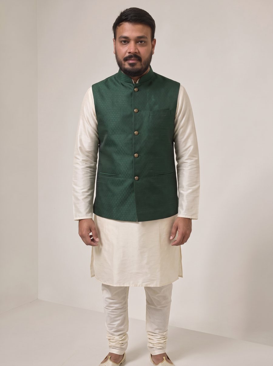 Nitesh Mittal in a sleeveless bottle-green jacquard Nehru jacket over an ivory silk kurta