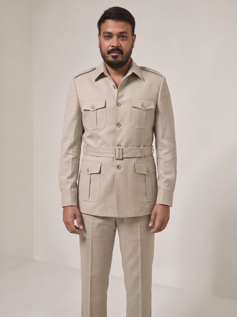 Nitesh Mittal in a stone-beige belted safari suit with four flap pockets