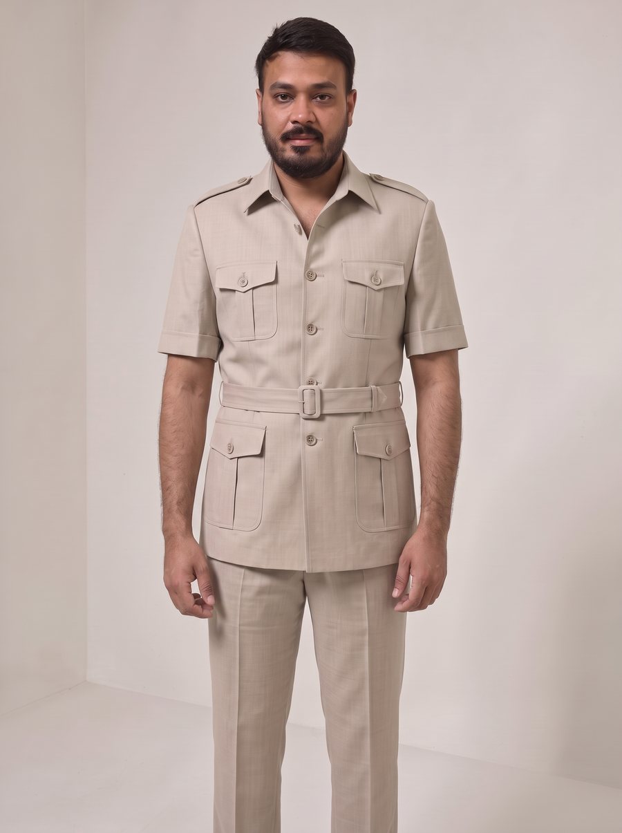 Nitesh Mittal in a stone-beige half-sleeve safari suit