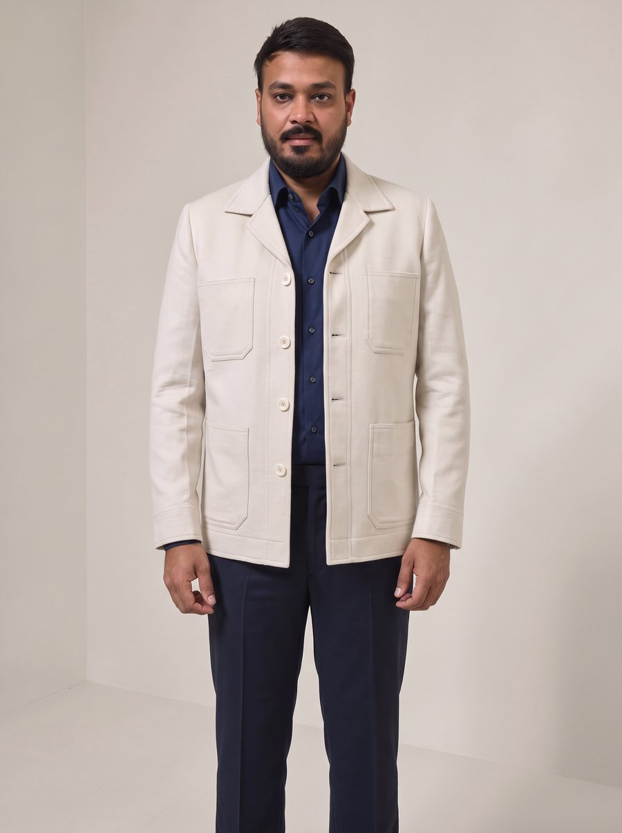Nitesh Mittal in an ivory cashmere chore jacket over a navy shirt and trousers