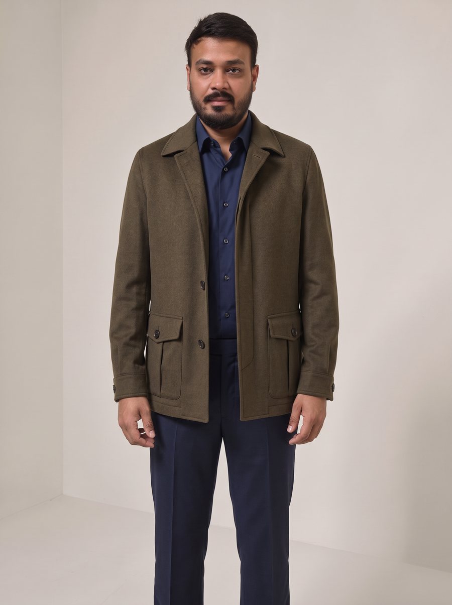 Nitesh Mittal in a brown cashmere field jacket over a navy shirt and trousers