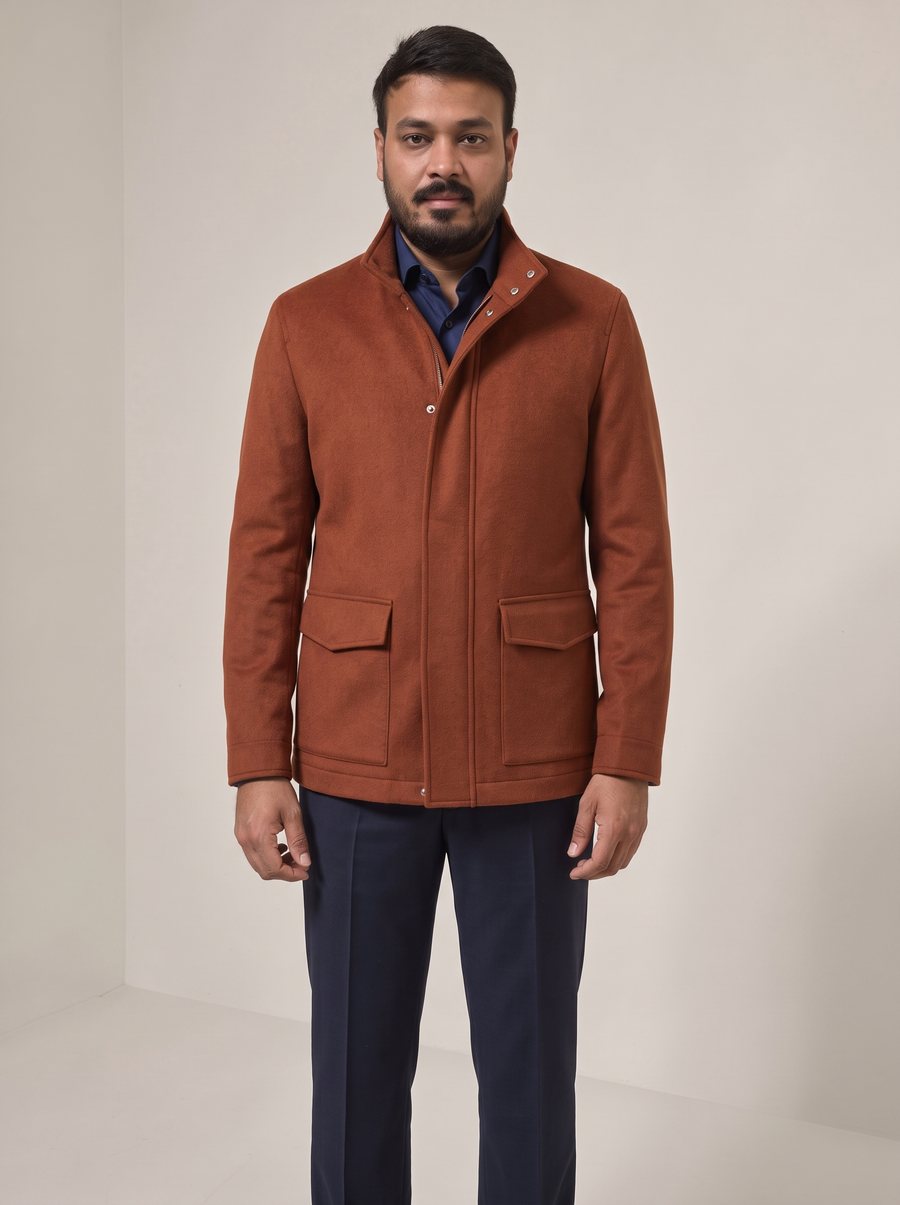 Nitesh Mittal in a rust cashmere zip field jacket with navy trousers