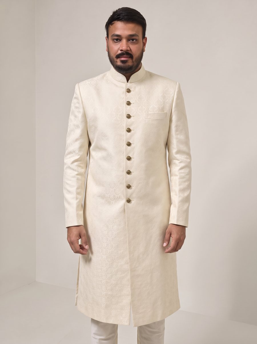 Nitesh Mittal in a classic ivory jacquard sherwani with gold buttons and churidar