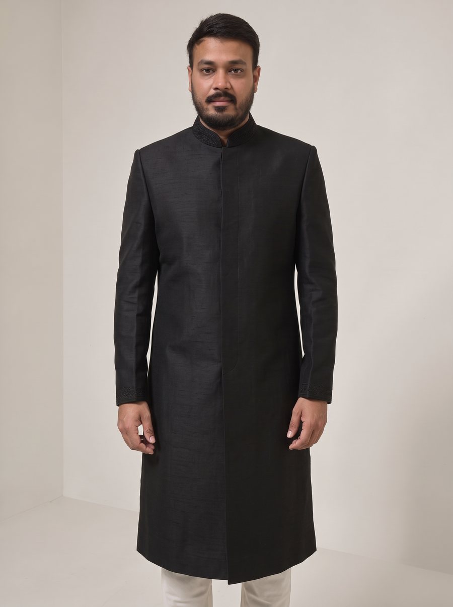 Nitesh Mittal in a black raw-silk sherwani with a concealed placket and ivory churidar
