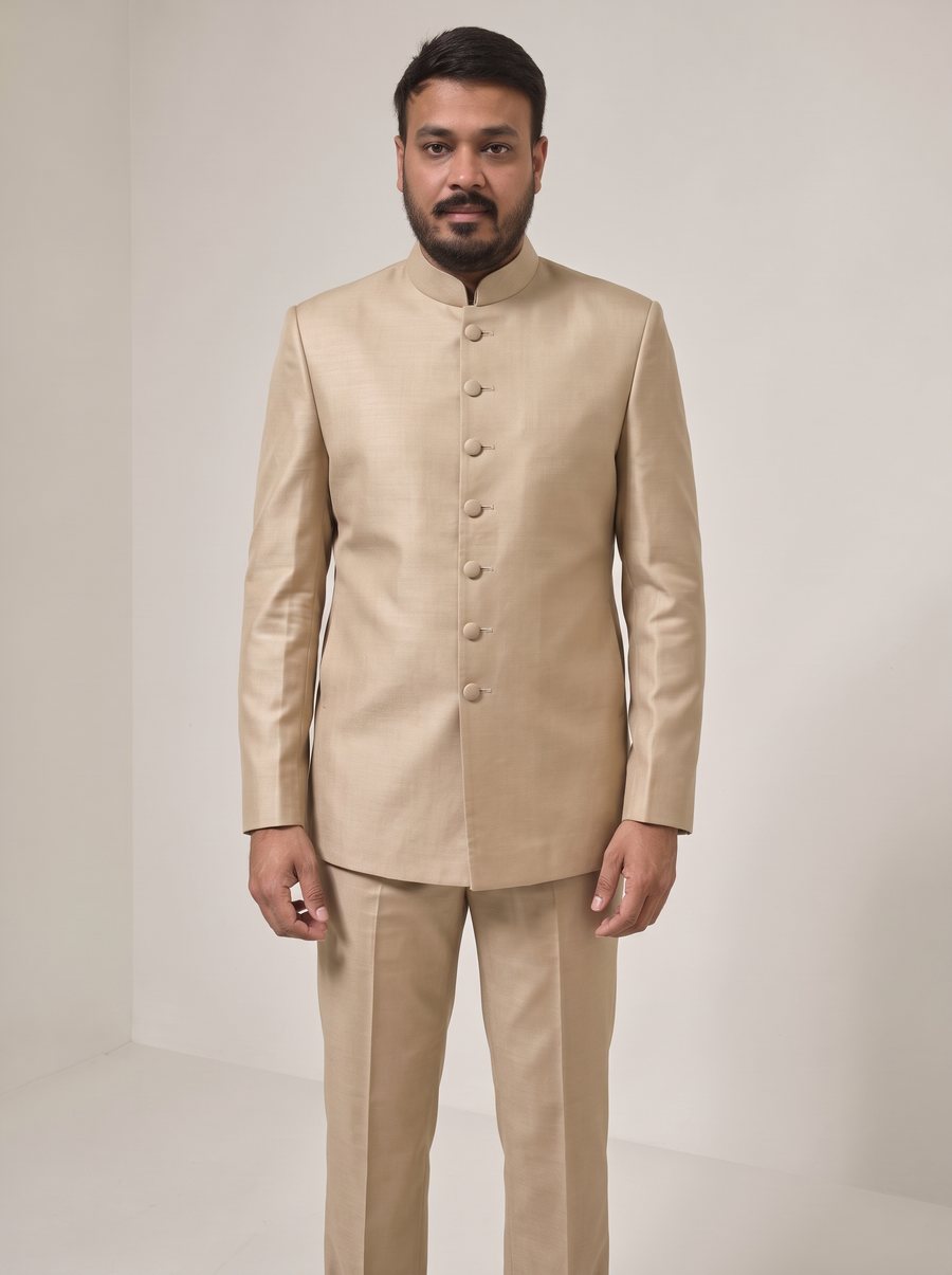 Nitesh Mittal in a champagne-beige achkan with matching trousers