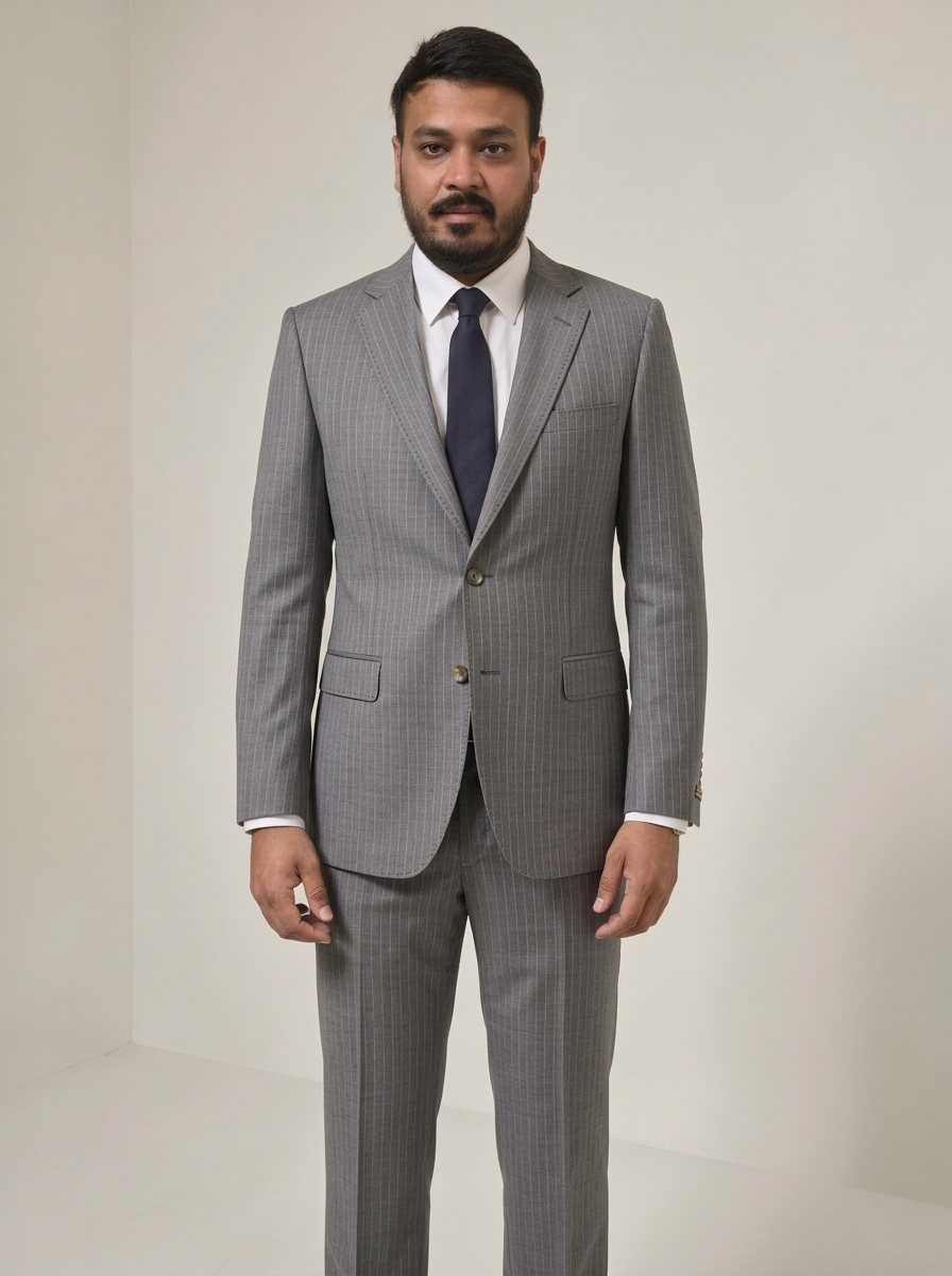 Nitesh Mittal in a grey pinstripe two-button suit