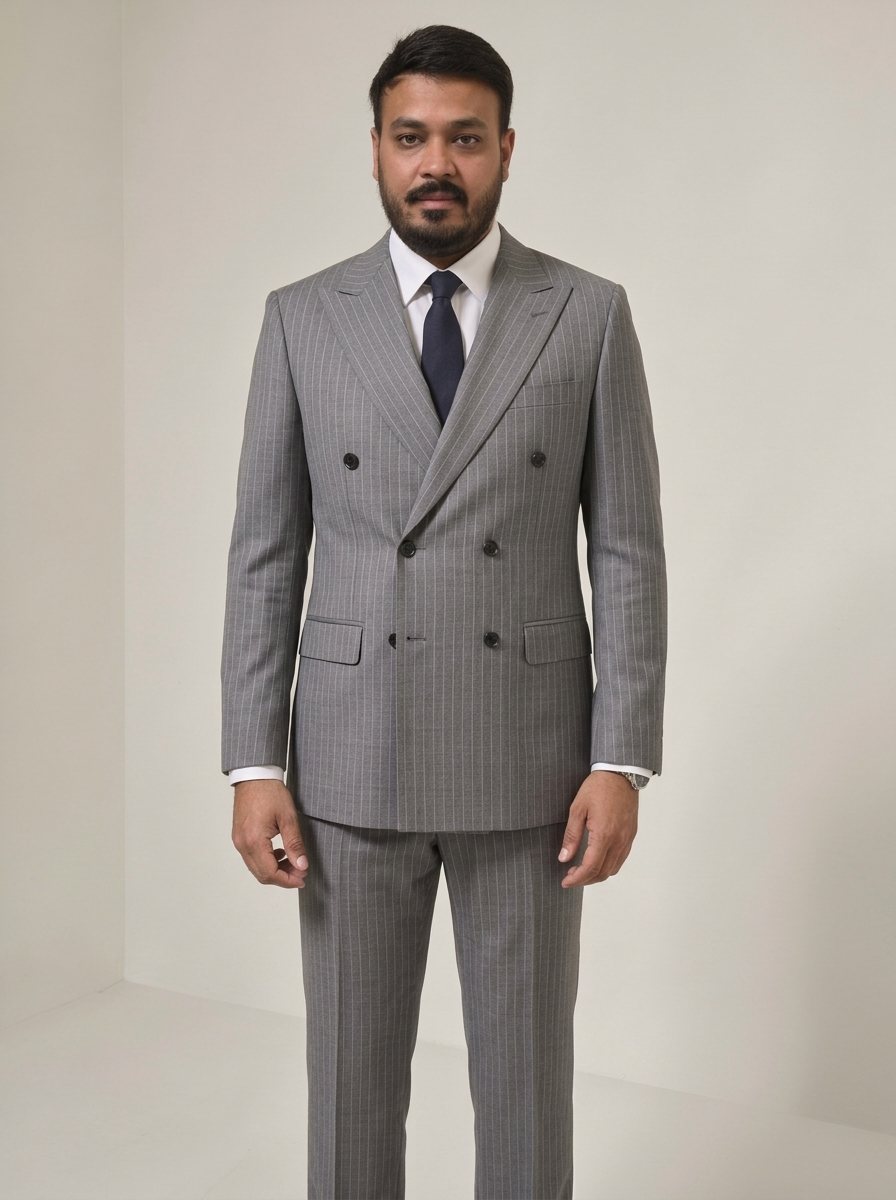 Nitesh Mittal in a grey pinstripe double-breasted suit