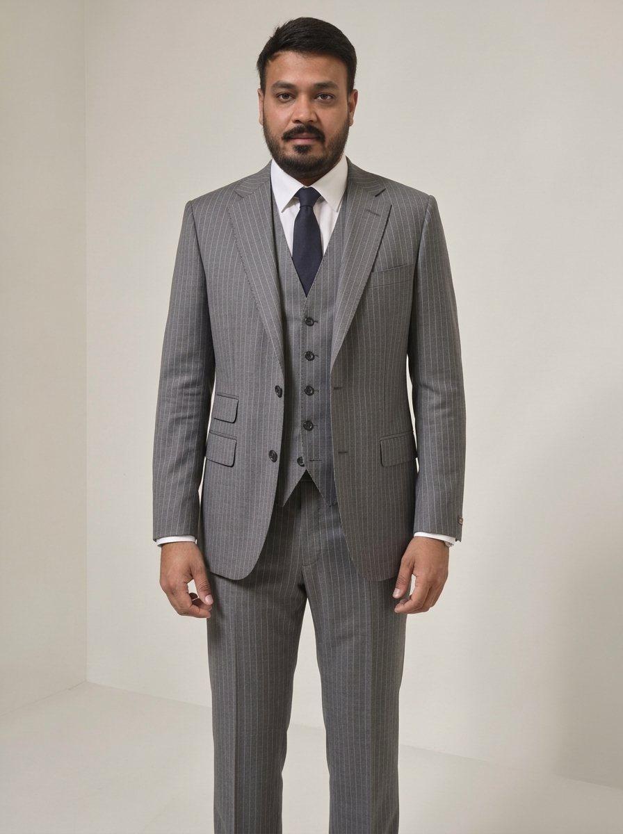 Nitesh Mittal in a grey pinstripe three-piece suit