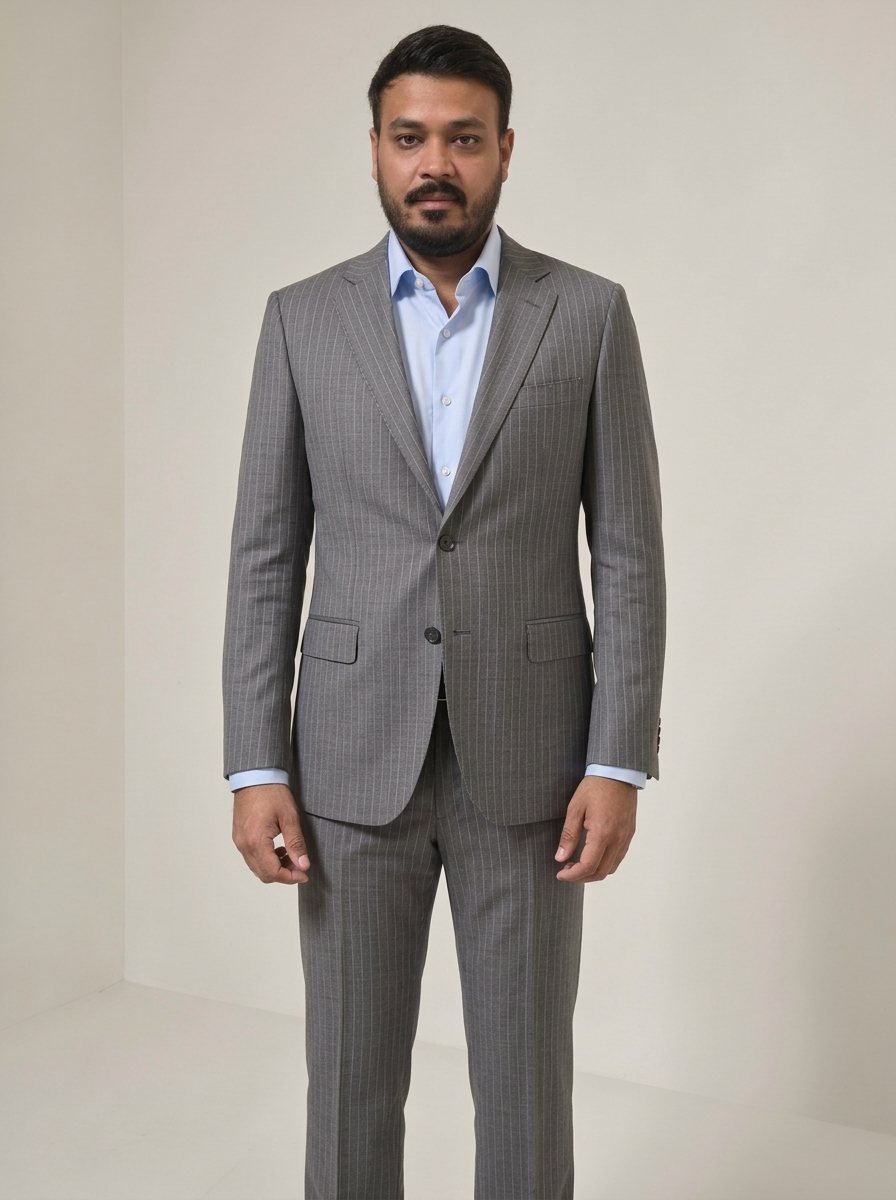 Nitesh Mittal in a slim grey pinstripe suit with an open-collar blue shirt