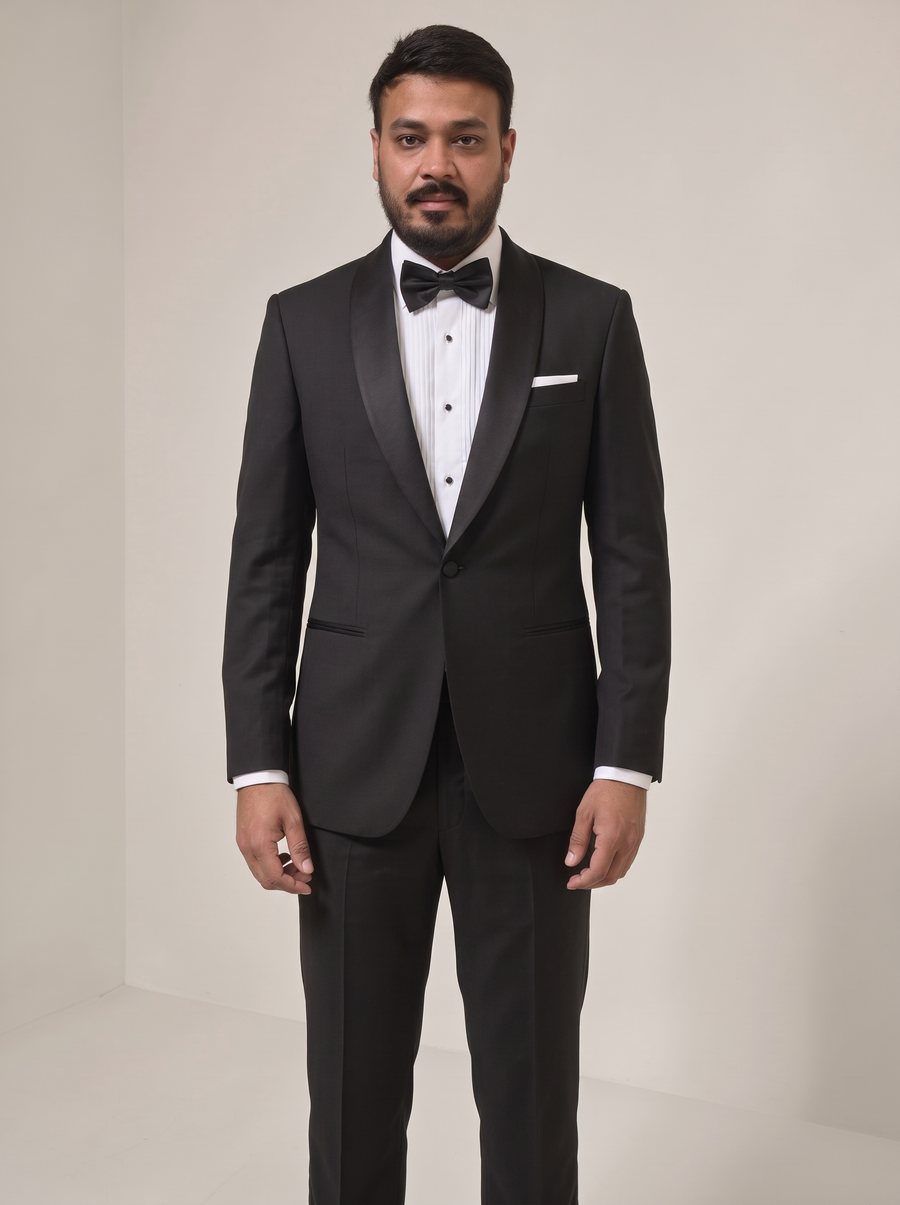 Nitesh Mittal in a black shawl-collar tuxedo with bow tie